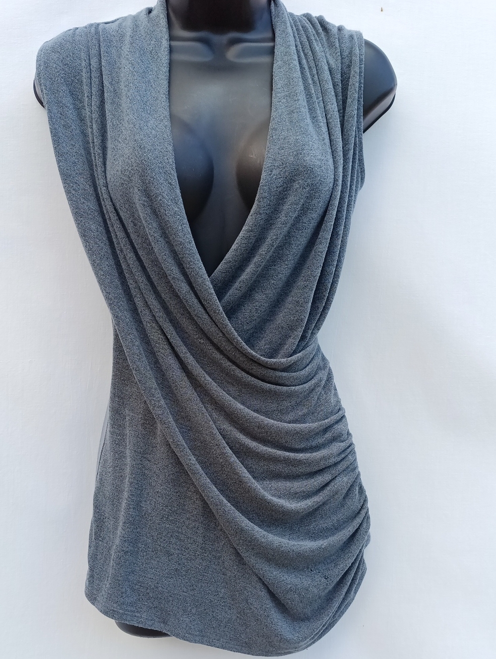 Heimious Draped V-Neck Sleeveless Sweater Dress Or Tunic Charcoal W Back Graphic